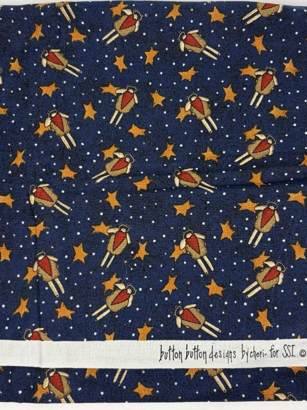 Vintage Button Designs Cheri Christmas Angels Navy Blue Fabric Remnant 18x20.5”